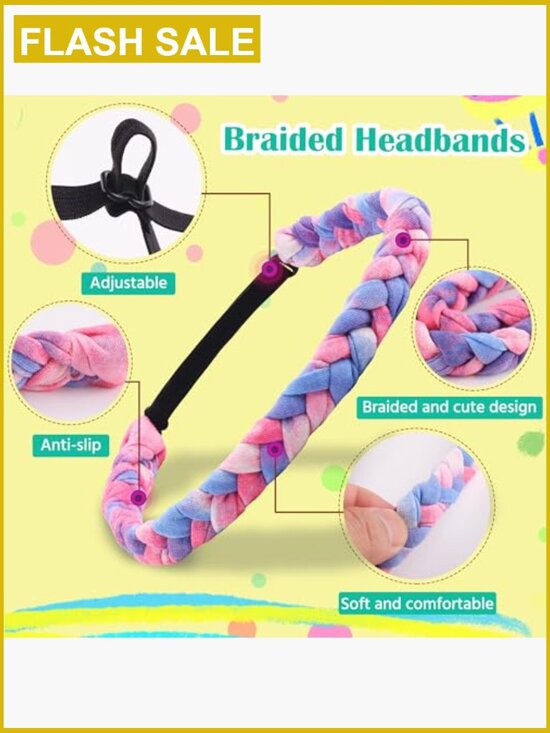 8 Pack Braided Stretch Headbands for Girls, Tie Dye Hair Accessories main image 4
